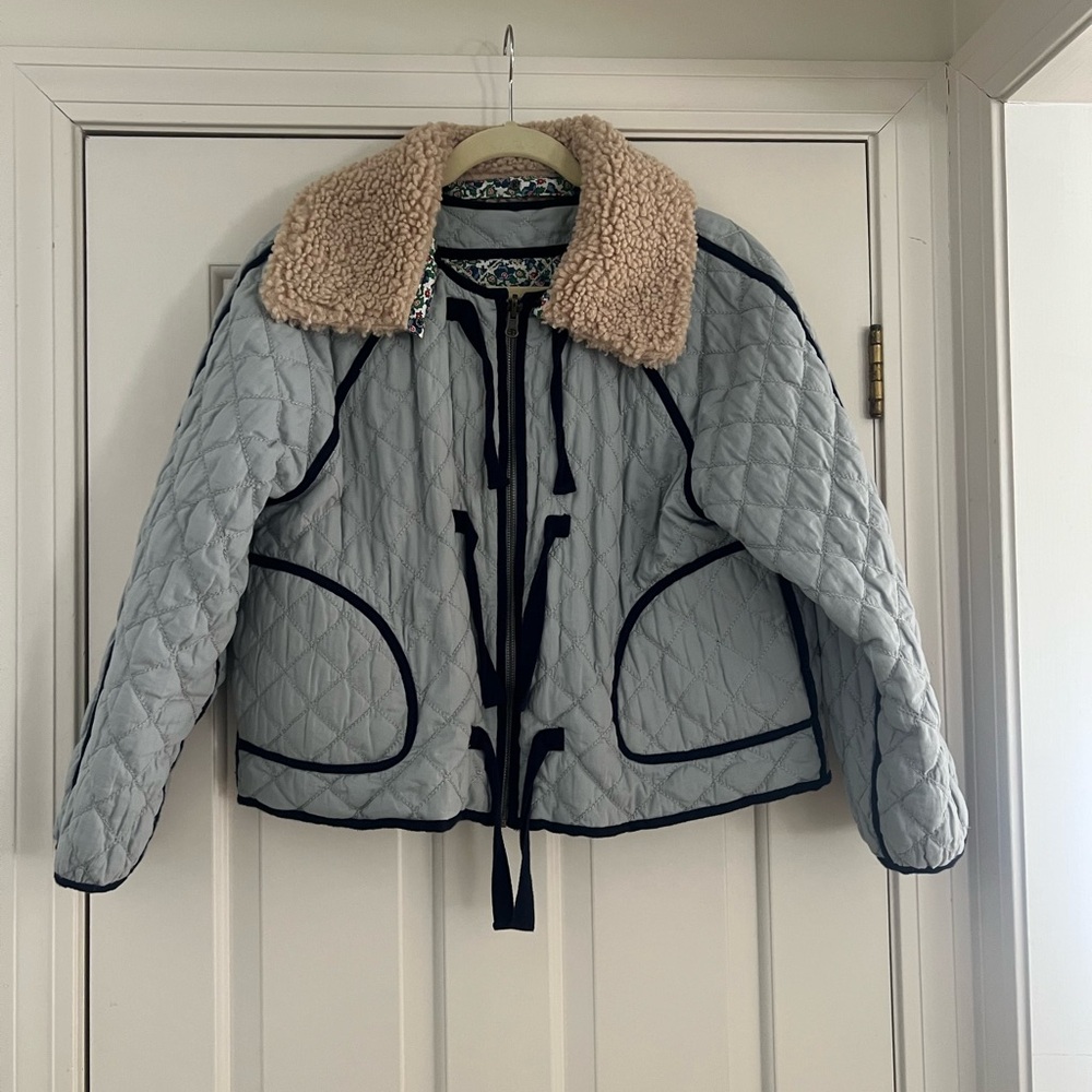 THE GREAT. Light Blue Quilted Puffer with Shearling Collar